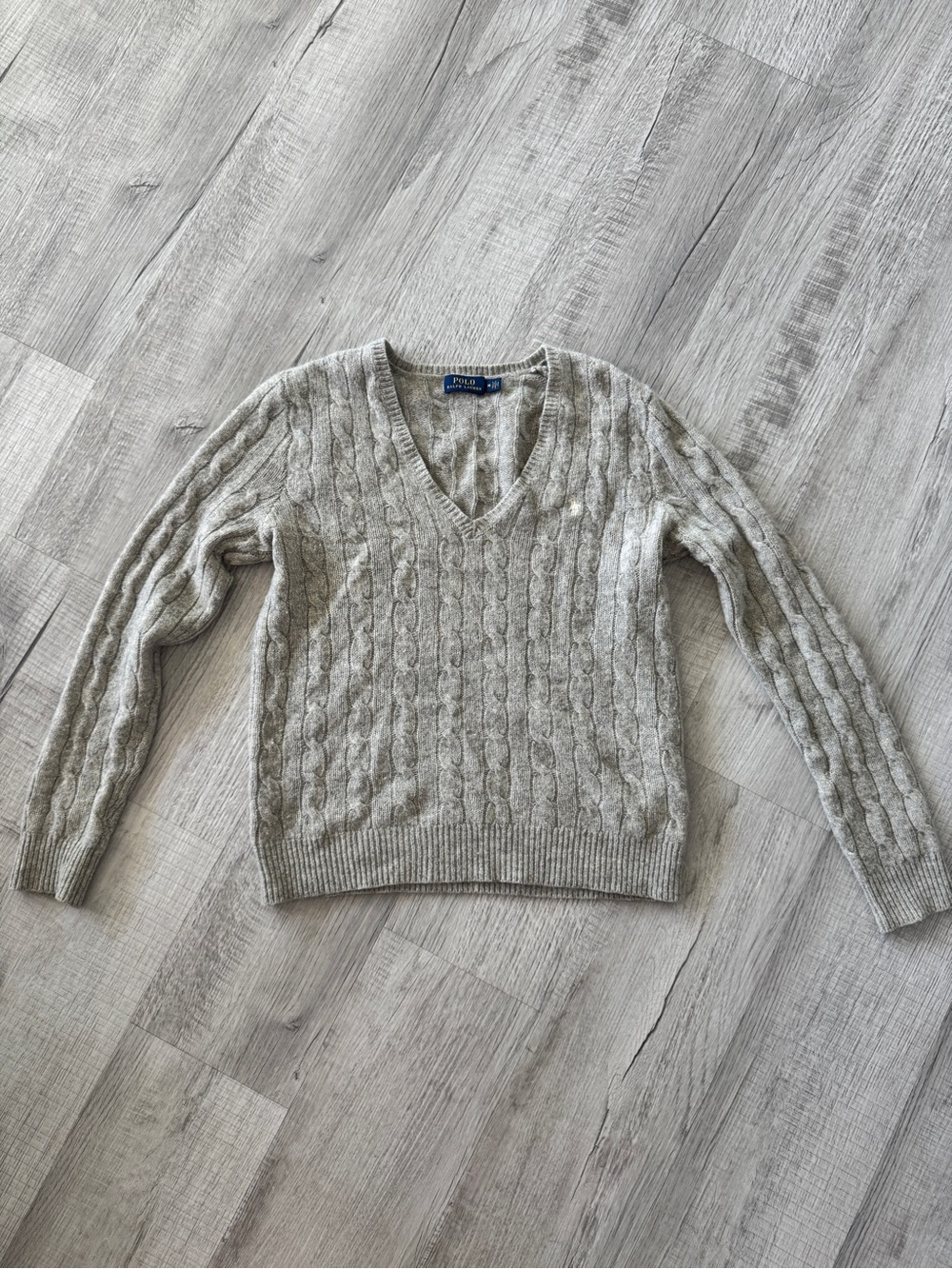Polo Ralph Lauren Wool Cashmere Cable Knit V-Neck Sweater Heather Gray Size M